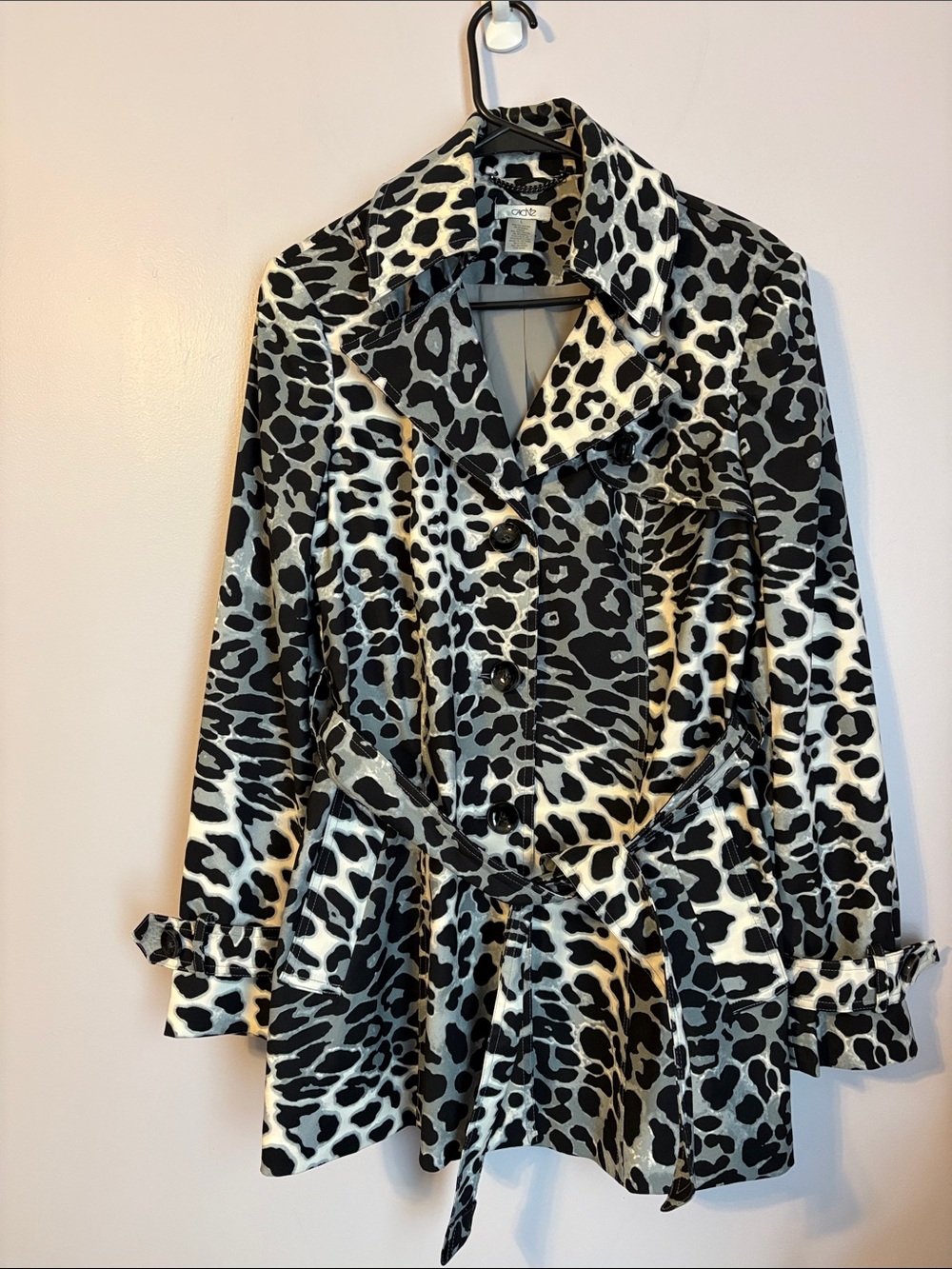 Cache Leopard Animal Print Gray Black White Vintage Trenchcoat Jacket size L